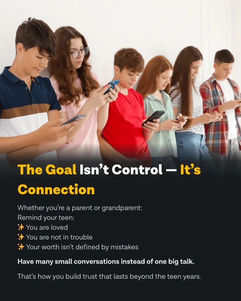 6 teens all looking at phone screens, how to initiate healthy conversations about porn with your teen